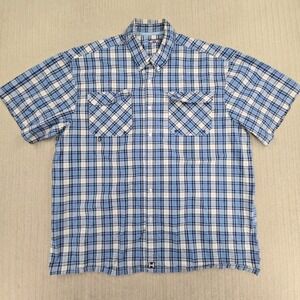 Heybo Shirt Mens XL Blue Plaid Short Sleeve Button Up Stretch Pockets Casual